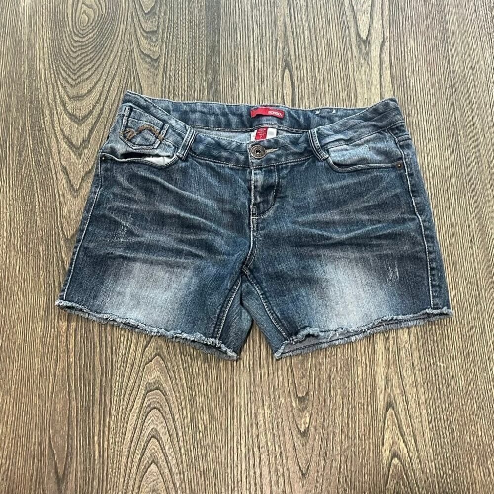 Bongo Womens Cut-Off Shorts Low Rise Whisker Denim Stretch Dark Wash Blue Size 7